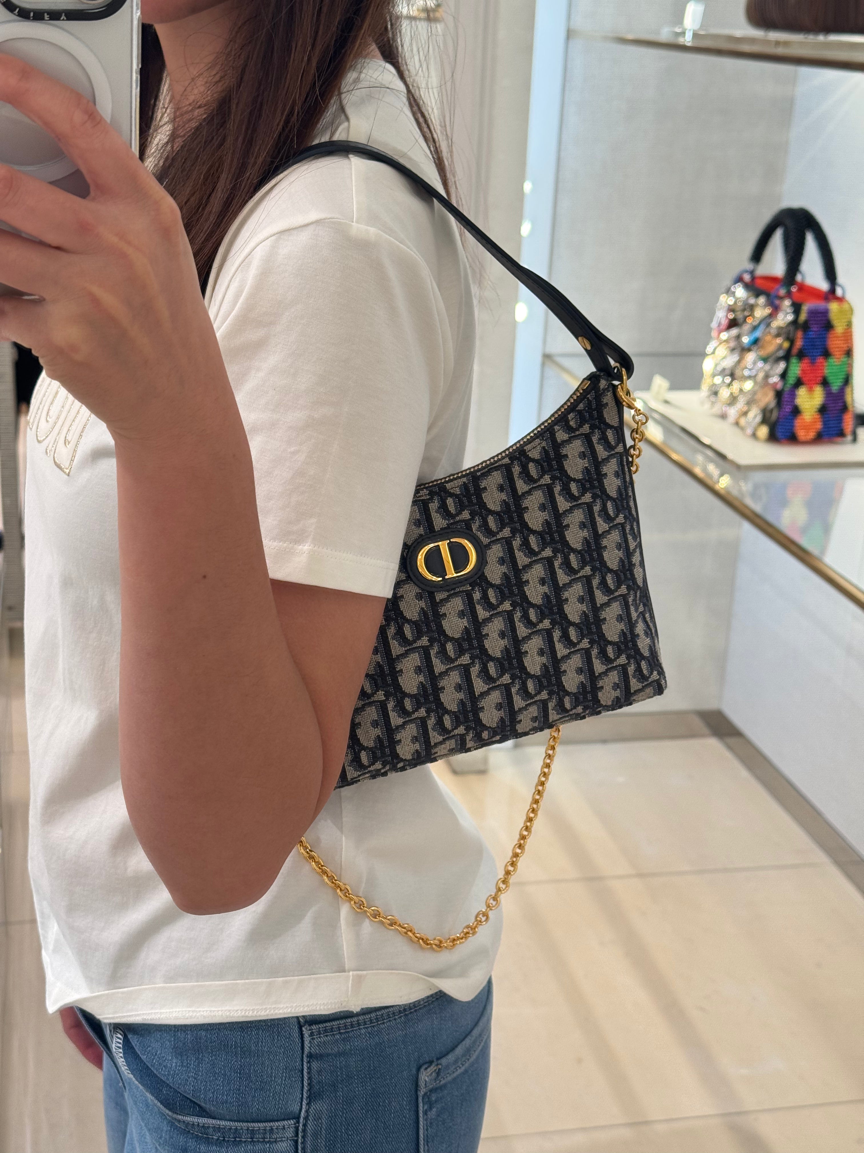 迪奧 30 Montaigne Diorling Mini Bag Chain Oblique提花手袋(迷你/藍 