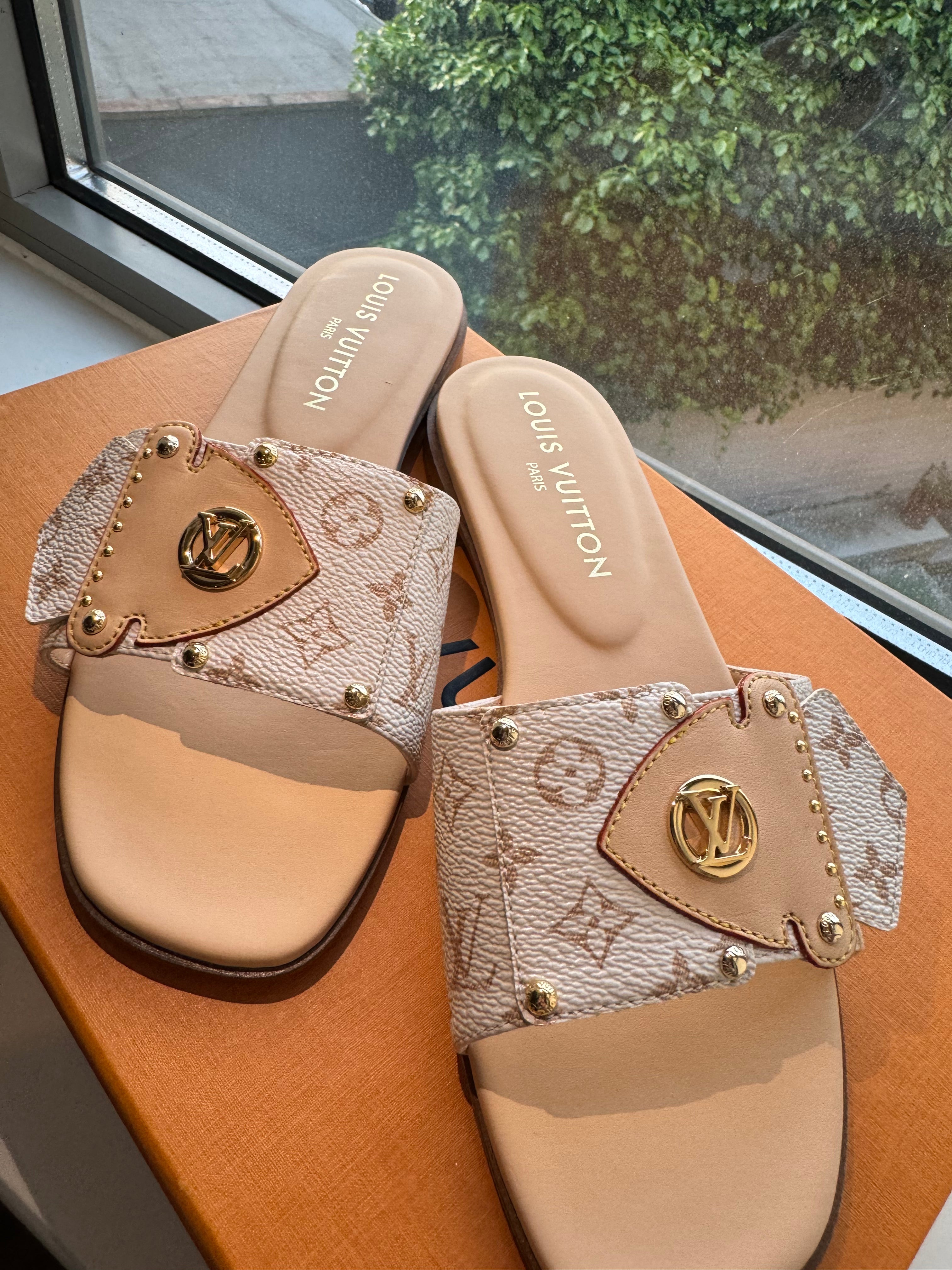 LOUIS VUITTON 1ACXIM LV Frame Flat Mules Monogram Canvas(Beige