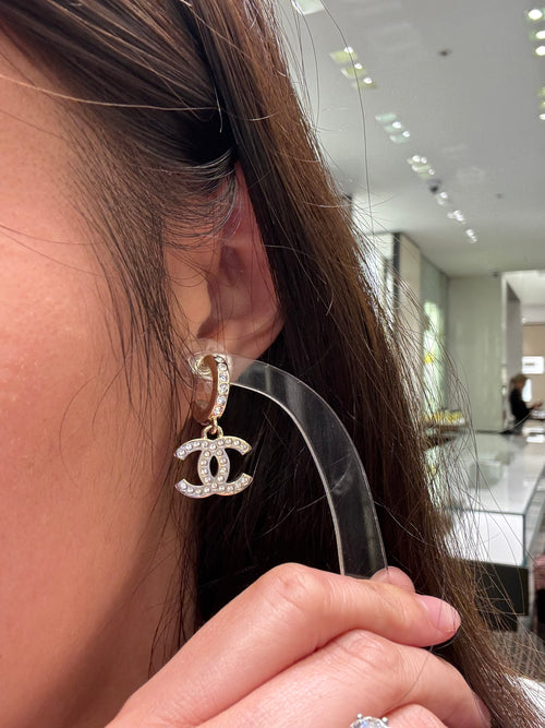 CHANEL CC Crystal Loop Earrings(Light Gold)