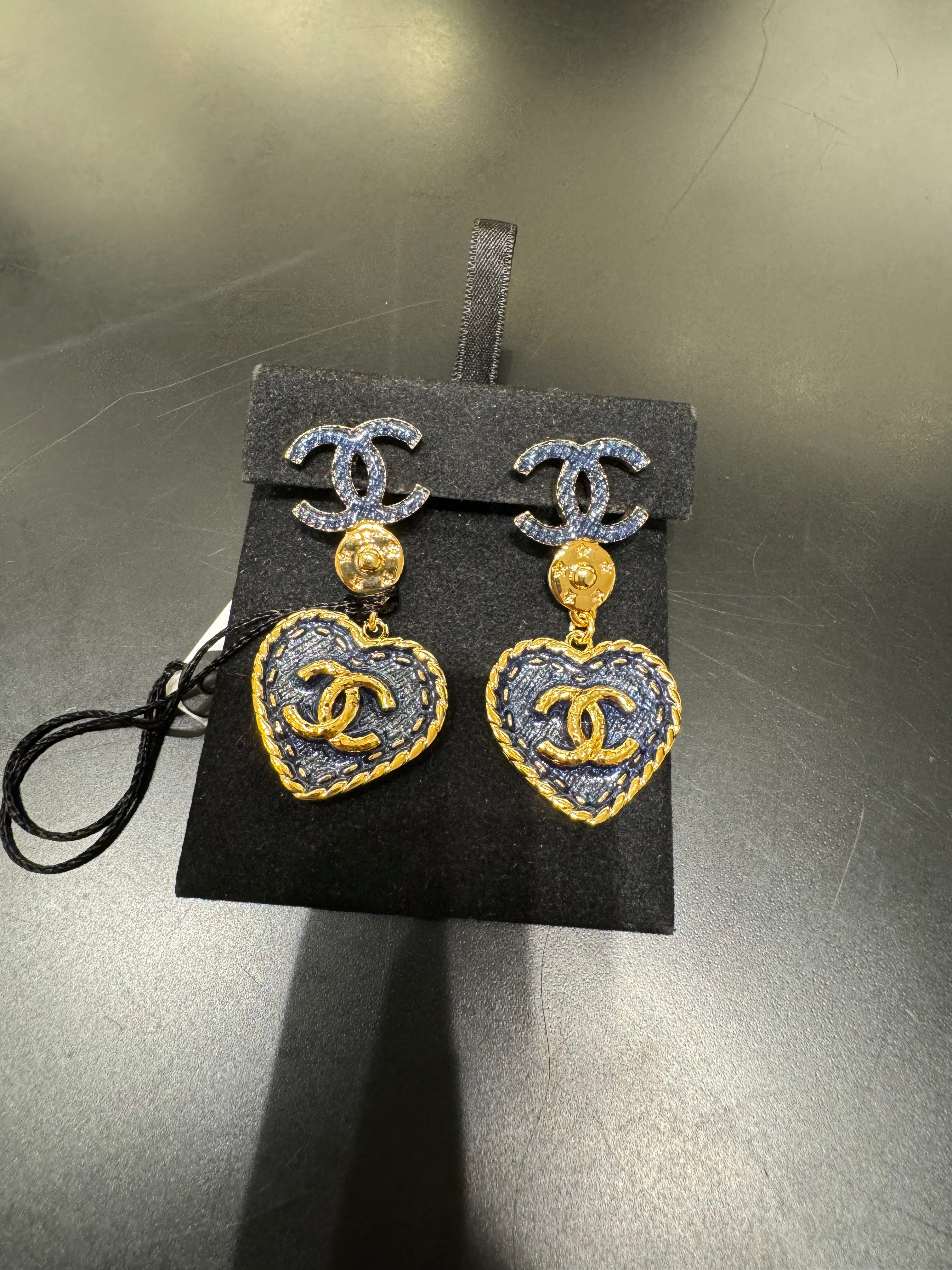 CHANEL ABC738 Denim Heart Earrings(Blue) | LONDONKELLY