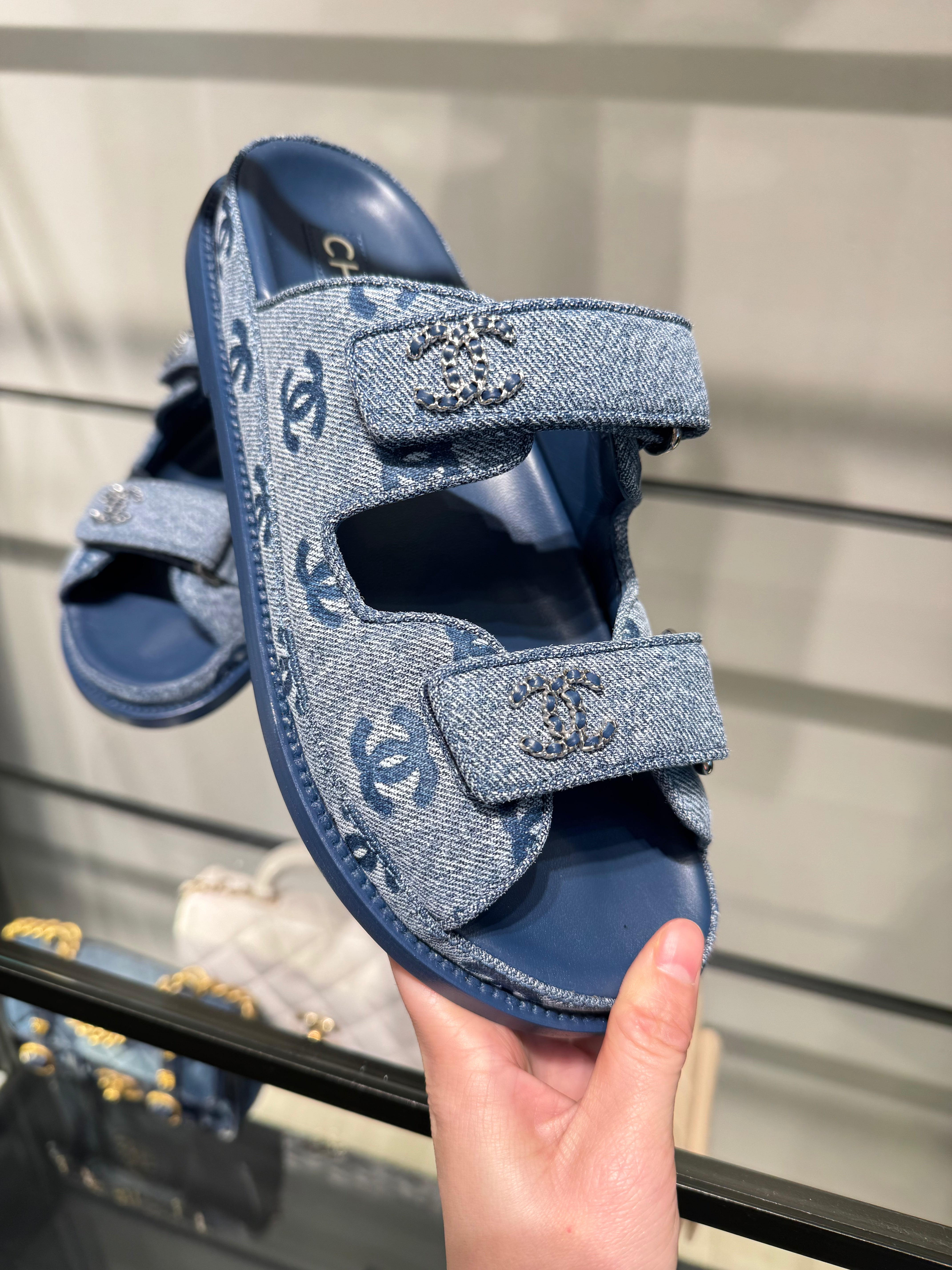 CHANEL Denim CC Velcro Strap Slide | Chanel Sandals (Denim Blue