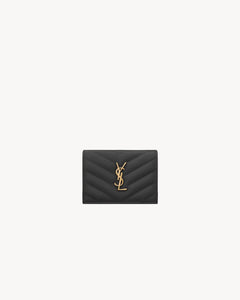 YSL SAINT LAURENT Cassandre Matelassé Flap Card Case in Grain De Poudre Leather | CASSANDRE MATELASSÉ Grain Embossed Leather Flap Card Holder (Black)