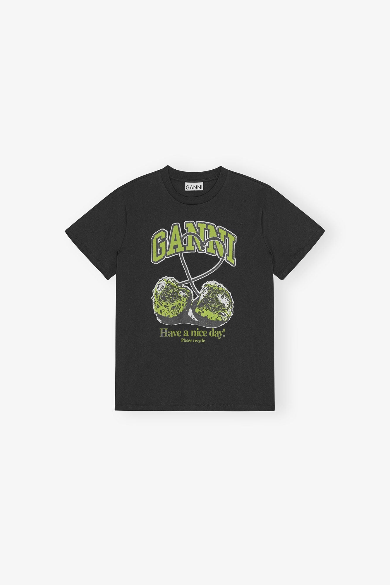 GANNI Black Basic Jersey Green Cherry Relaxed T-shirt(Black