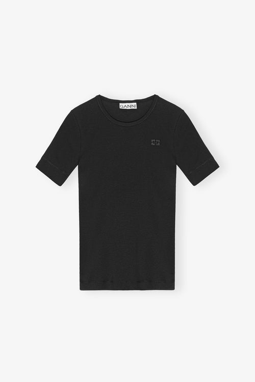 GANNI Black Soft Cotton Rib Short Sleeve T-Shirt | 短袖上衣 (黑色) - LondonKelly 英國名牌代購