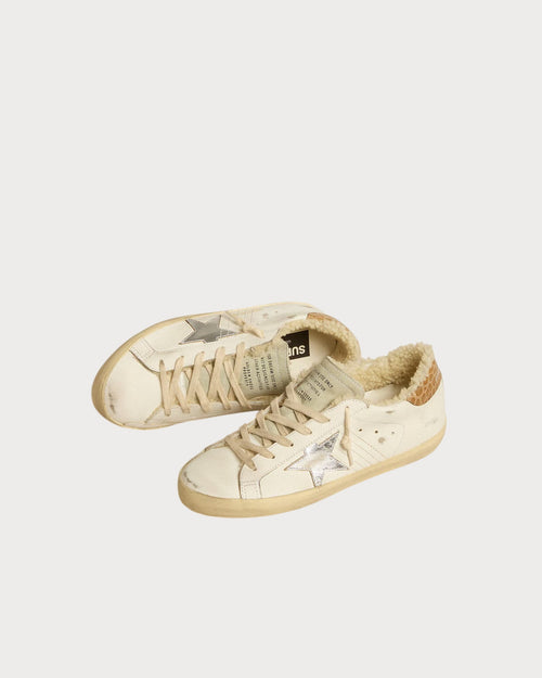 GOLDEN GOOSE Super - Star with silver leather star and crocodile - print leather heel tab | 黄金鹅 Super - Star 搭配银色皮革星星与鳄鱼纹皮革后跟标签(白色) - LondonKelly 英国名牌代购