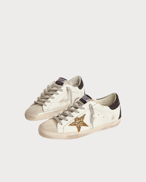 GOLDEN GOOSE Women’s Super - Star in nappa leather with gold glitter star and black glitter heel tab | 黄金鹅 女款 Super - Star 纳帕皮革款,搭配金色亮片星星与黑色亮片后跟标签(白色) - LondonKelly 英国名牌代购
