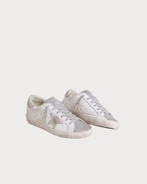 GOLDEN GOOSE Women’s Super - Star with gray suede star and silver glitter inserts | 黄金鹅 女款 Super - Star 搭配灰色麂皮星星与银色亮片拼接(白色) - LondonKelly 英国名牌代购