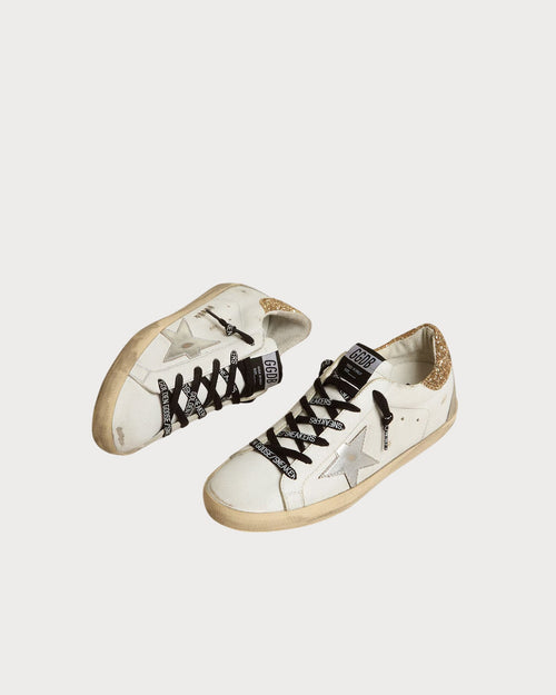 GOLDEN GOOSE Women's white leather Super - Star with glittery heel tab | 黄金鹅 女款白色皮革 Super - Star 搭配亮片后跟标签(白色) - LondonKelly 英国名牌代购
