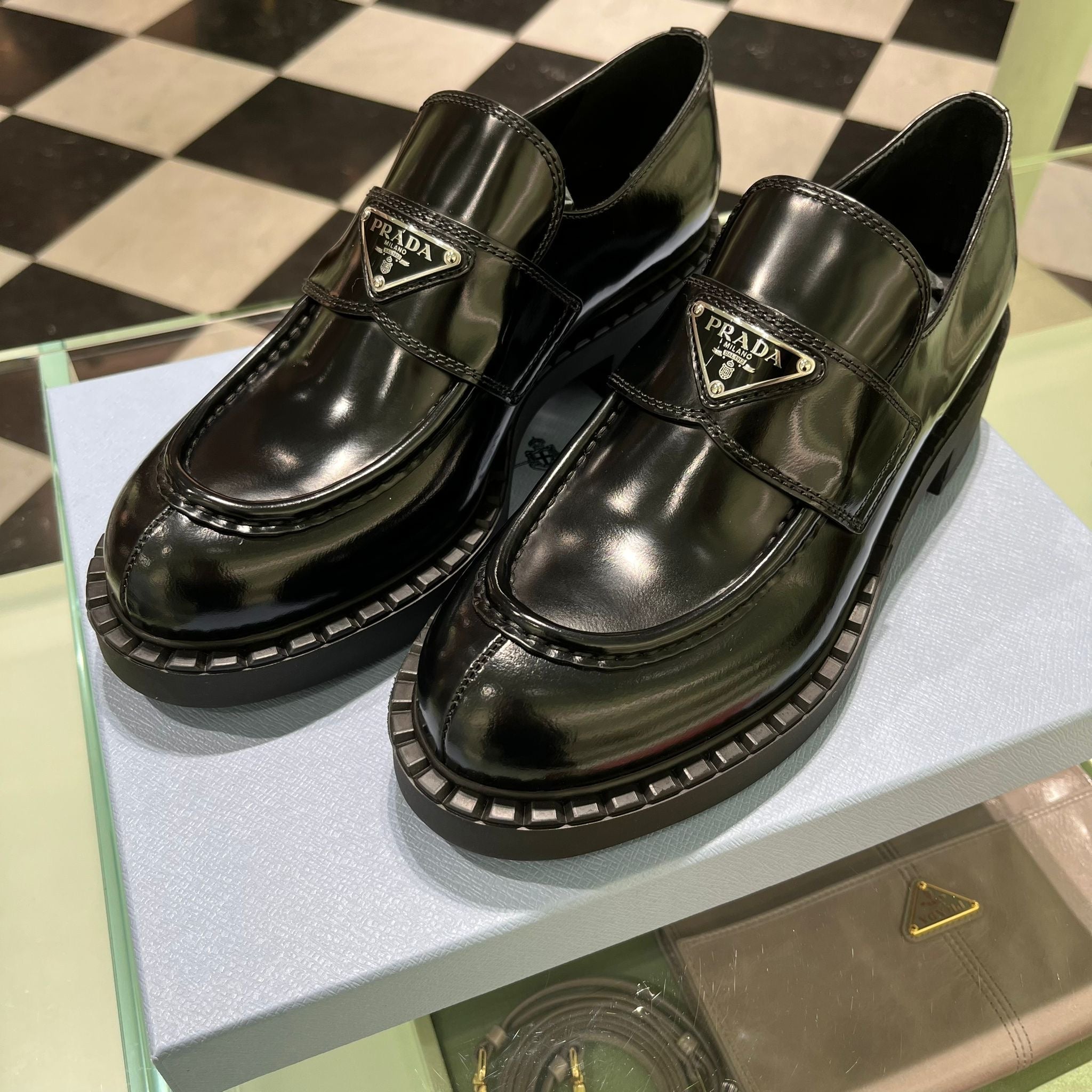 PRADA 1D246M Chocolate Brushed Leather Loafers(Black