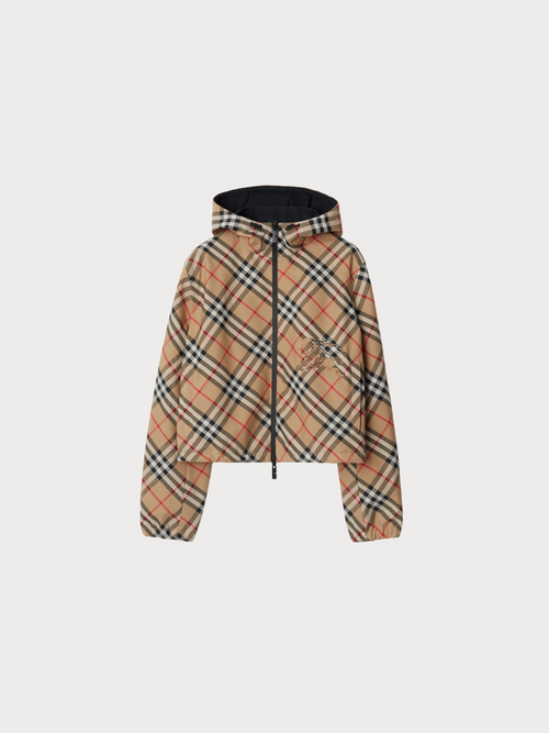 BURBERRY Cropped Reversible Check Hooded Jacket(Beige)