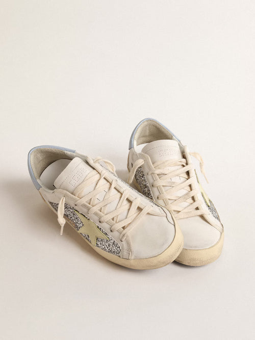 GOLDEN GOOSE Bio-based Super-Star with silver glitter and yellow leather star | 黃金鵝 Bio-based Super-Star 搭配銀色亮片與黃色皮革星星（白色）