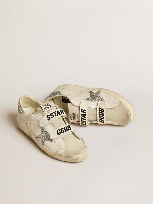 GOLDEN GOOSE Women’s Old School with silver glitter star and ice-gray suede tongue | 黃金鵝 女款 Old School 搭配銀色亮片星星與冰灰色麂皮鞋舌（白色）