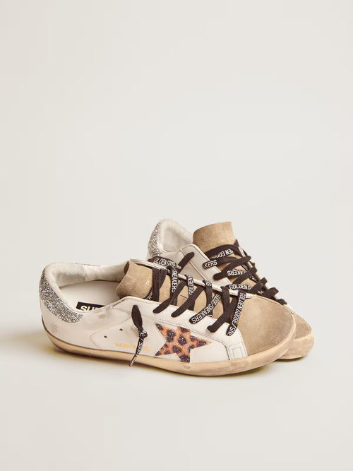 GOLDEN GOOSE Women's Super-Star LTD with leopard print and Swarovski crystal star | 黃金鵝 女款 Super-Star LTD 搭配豹紋與施華洛世奇水晶星星（白色）