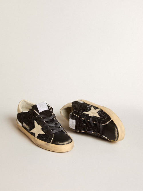 GOLDEN GOOSE Women's Super-Star in black glitter and nappa with cream leather star and heel tab | 黃金鵝 女款 Super-Star 黑色亮片與納帕皮革款，搭配米色皮革星星與後跟標籤（黑色）