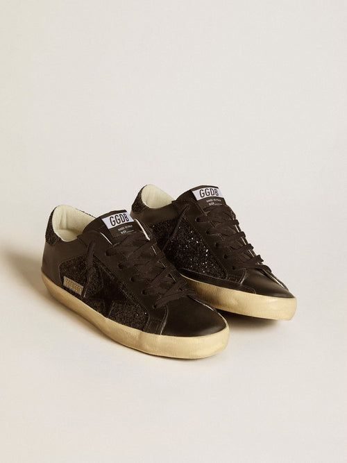 GOLDEN GOOSE Women's Super-Star in black glitter with black suede star and leather inserts | 黃金鵝 女款 Super-Star 黑色亮片款，搭配黑色麂皮星星與皮革拼接（黑色）