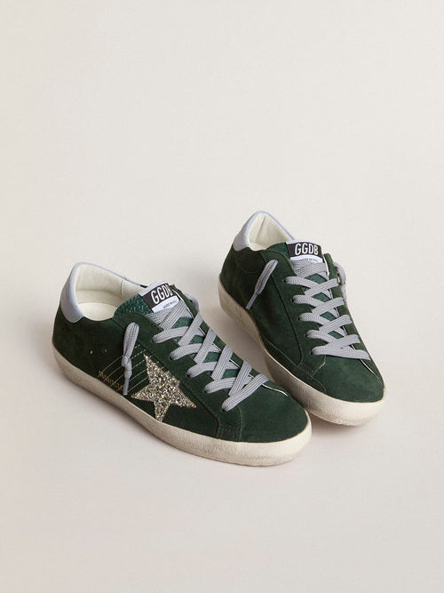 GOLDEN GOOSE Women's Super-Star in green suede, silver glitter star and leather heel tab | 黃金鵝 女款 Super-Star 綠色麂皮款，搭配銀色亮片星星與皮革後跟標籤（灰色）