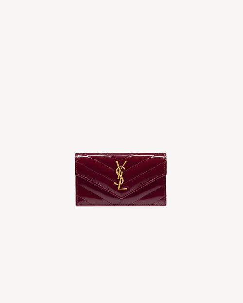 YSL SAINT LAURENT Cassandre Matelassé Fragments Flap Card Case in Patent Leather | CASSANDRE MATELASSÉ FRAGMENTS Flap Card Holder, Patent Leather (Dark Red)