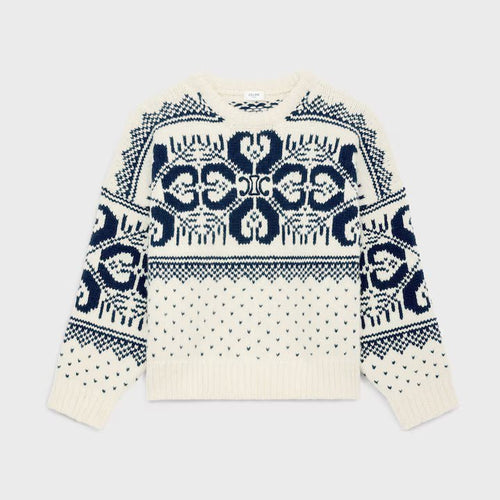 CELINE Crew Neck Sweater In Fair Isle Wool and Cashmere | 賽琳 費爾島羊毛與羊絨圓領毛衣（米白色／海軍藍） - LondonKelly 英國名牌代購