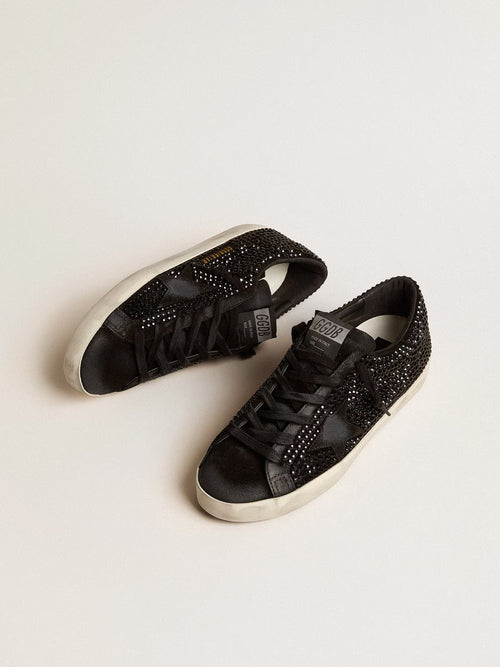 GOLDEN GOOSE Super - Star in black suede with Swarovski crystals and black suede star | 黃金鵝 Super - Star 黑色麂皮款，搭配施華洛世奇水晶與黑色麂皮星星（黑色） - LondonKelly 英國名牌代購