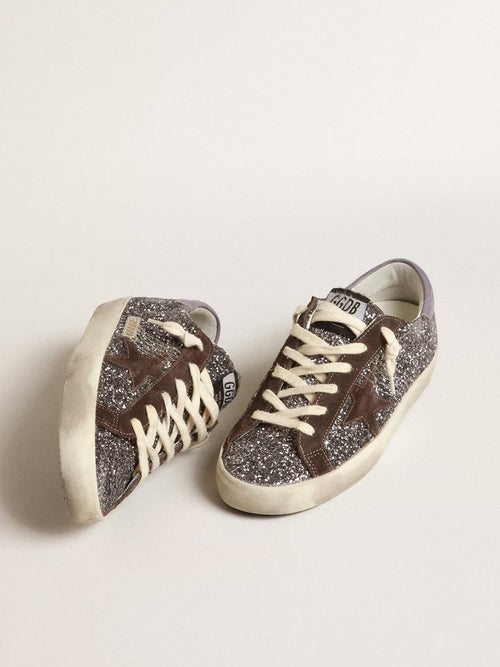 GOLDEN GOOSE Super - Star in glitter with a brown star and lilac heel tab | 黃金鵝 Super - Star 亮片款，搭配棕色星星與淡紫色後跟標籤（棕色） - LondonKelly 英國名牌代購