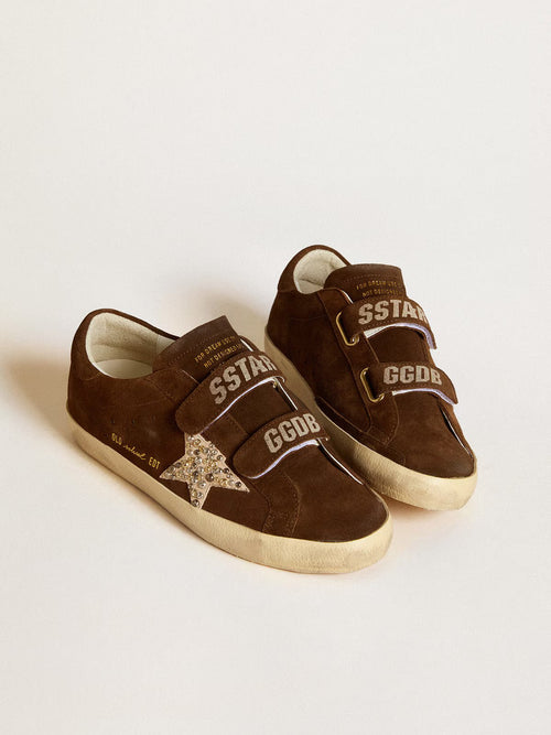 GOLDEN GOOSE Women's Old School in brown suede with beige suede star with studs and pearls | 黃金鵝 女款 Old School 棕色麂皮款，搭配米色麂皮星星並飾以鉚釘與珍珠（棕色） - LondonKelly 英國名牌代購