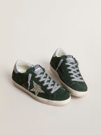 GOLDEN GOOSE Women's Super - Star in green suede, silver glitter star and leather heel tab | 黃金鵝 女款 Super - Star 綠色麂皮款，搭配銀色亮片星星與皮革後跟標籤（灰色） - LondonKelly 英國名牌代購