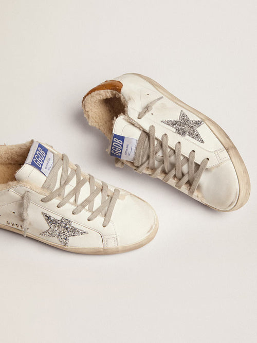 GOLDEN GOOSE Women's Super - Star with shearling lining and silver glitter star | 黃金鵝 女款 Super - Star 內裡羊毛款，搭配銀色亮片星星（白色） - LondonKelly 英國名牌代購